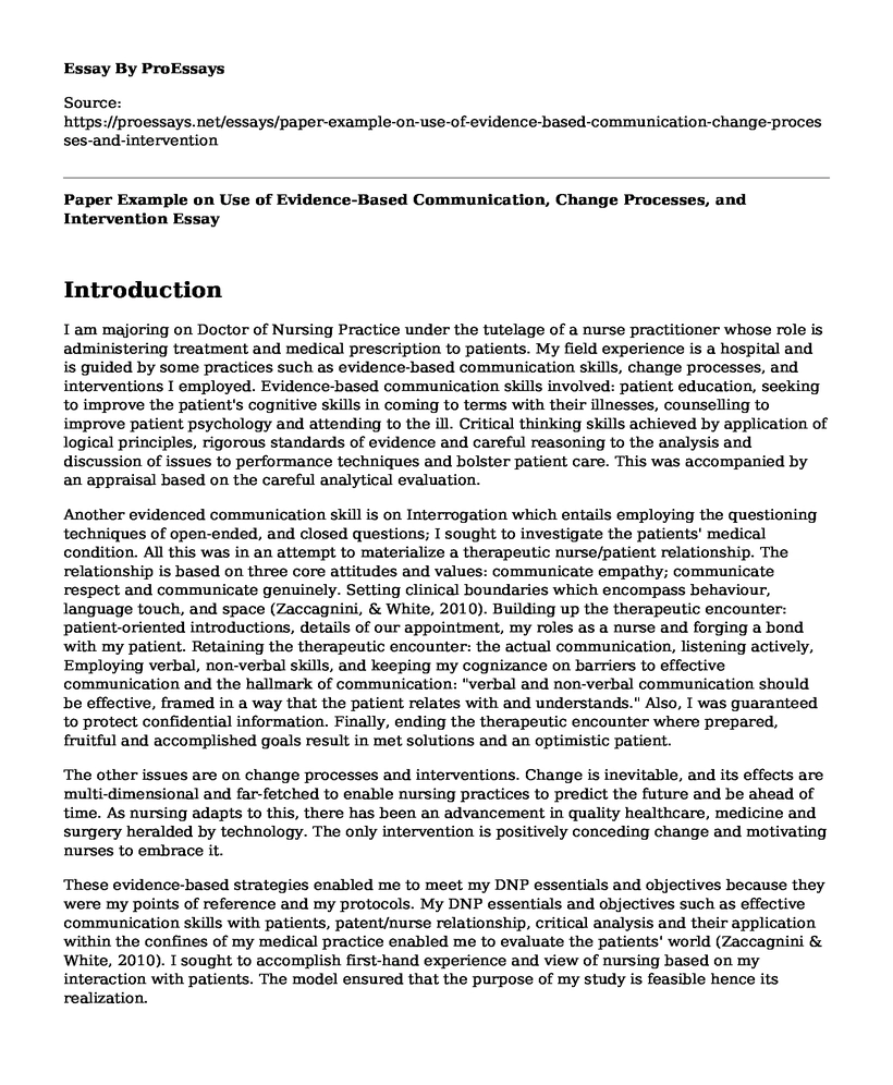 Paper Example on Use of Evidence-Based Communication, Change Processes, and Intervention