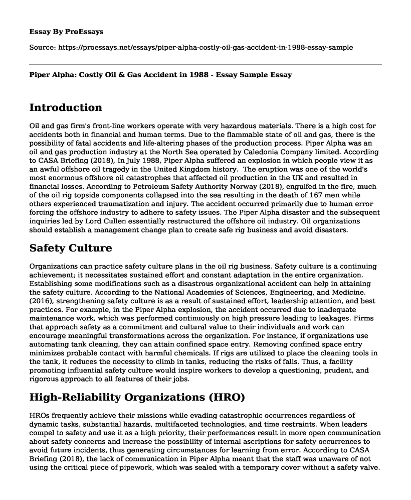 Piper Alpha: Costly Oil & Gas Accident in 1988 - Essay Sample