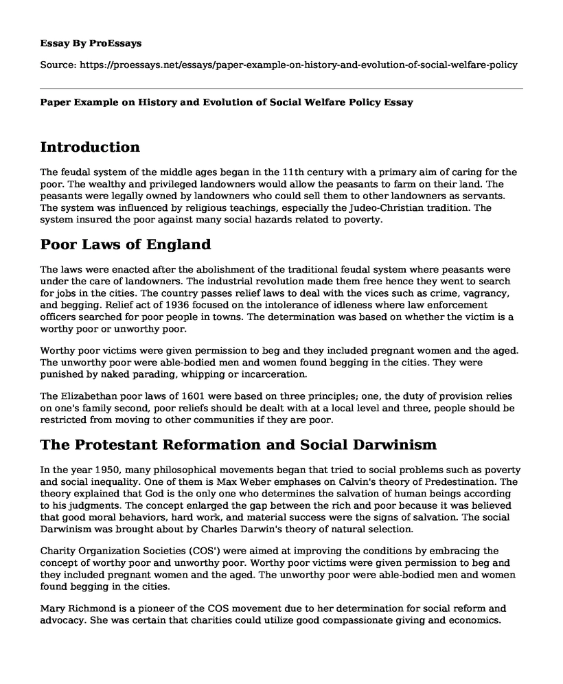 Paper Example on History and Evolution of Social Welfare Policy