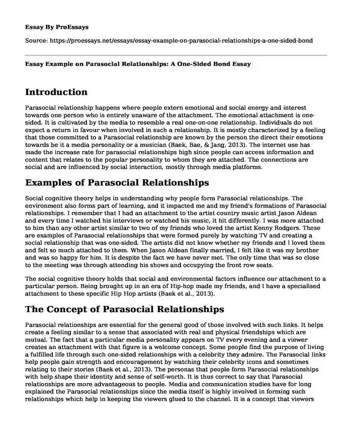Essay Example on Parasocial Relationships: A One-Sided Bond