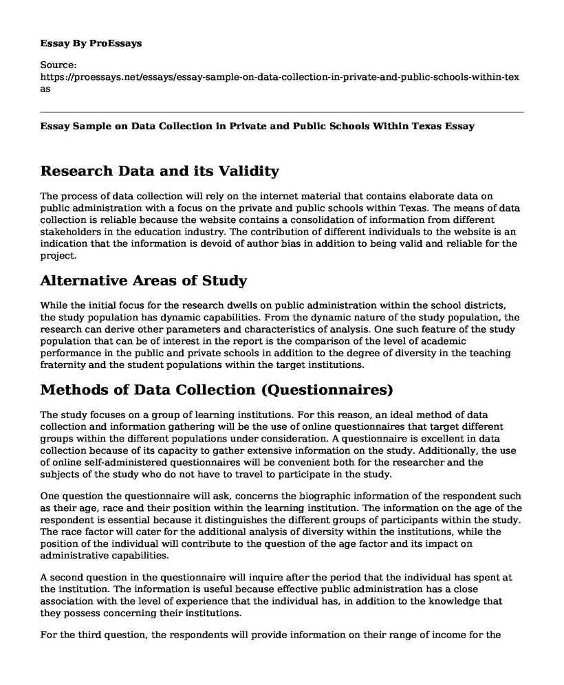 Essay Sample on Data Collection in Private and Public Schools Within Texas