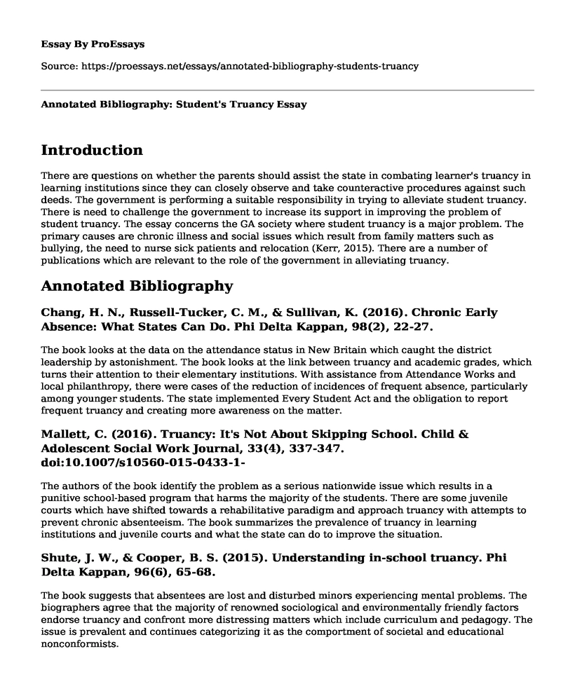 Annotated Bibliography: Student's Truancy