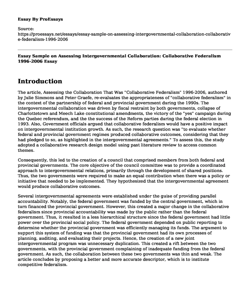 Essay Sample on Assessing Intergovernmental Collaboration: Collaborative Federalism 1996-2006