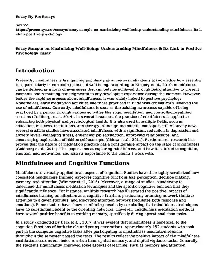 Essay Sample on Maximizing Well-Being: Understanding Mindfulness & Its Link to Positive Psychology