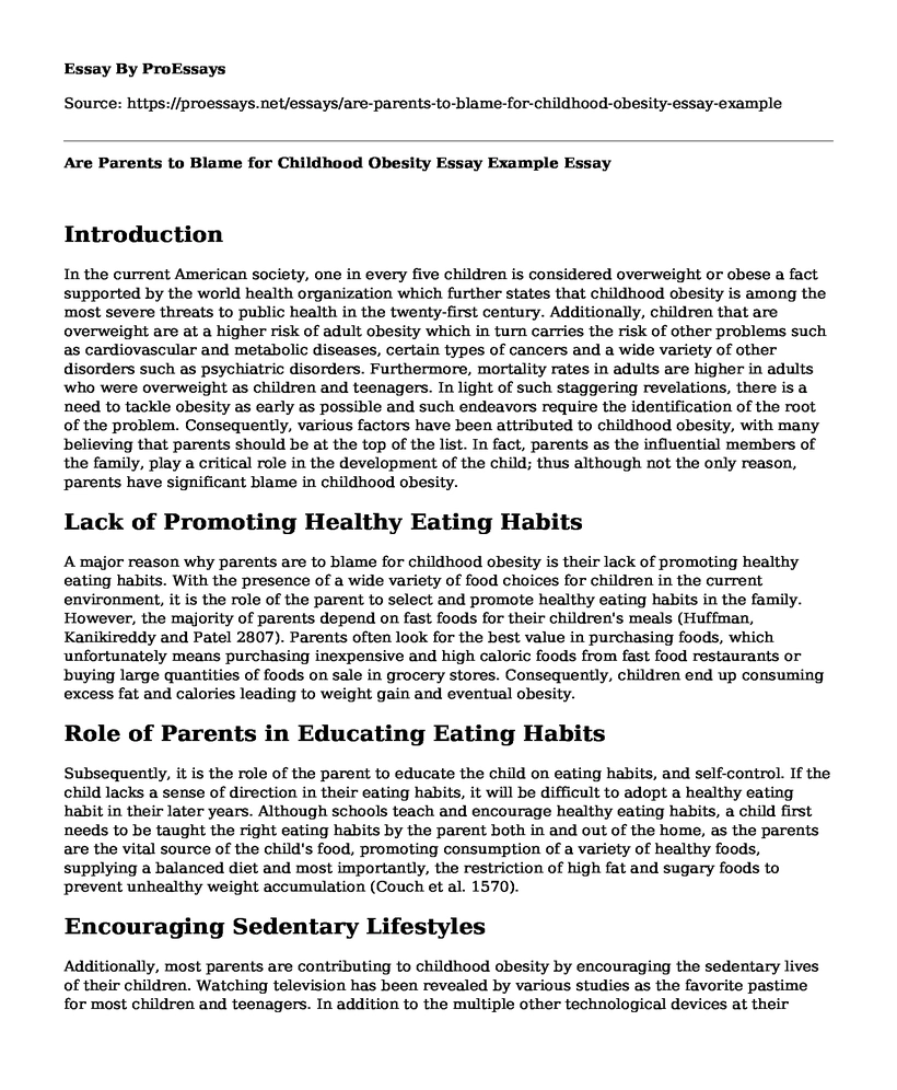 Are Parents to Blame for Childhood Obesity Essay Example