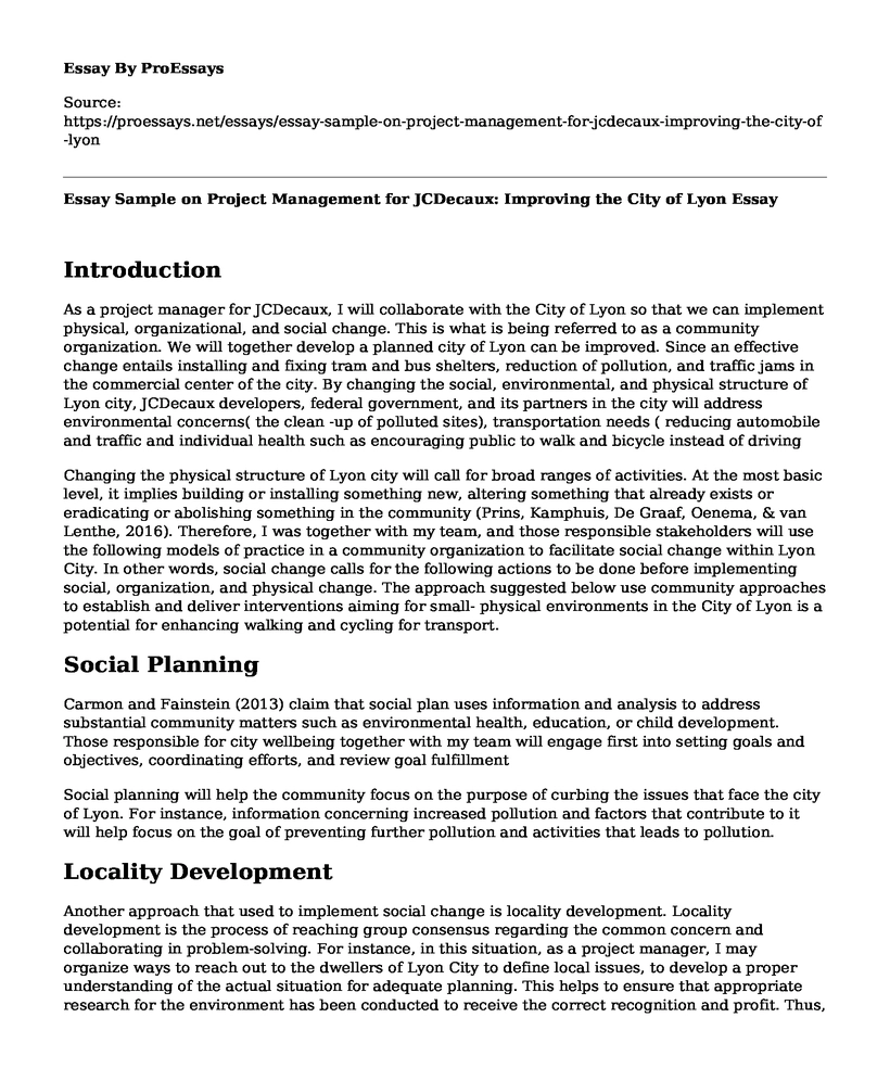 Essay Sample on Project Management for JCDecaux: Improving the City of Lyon