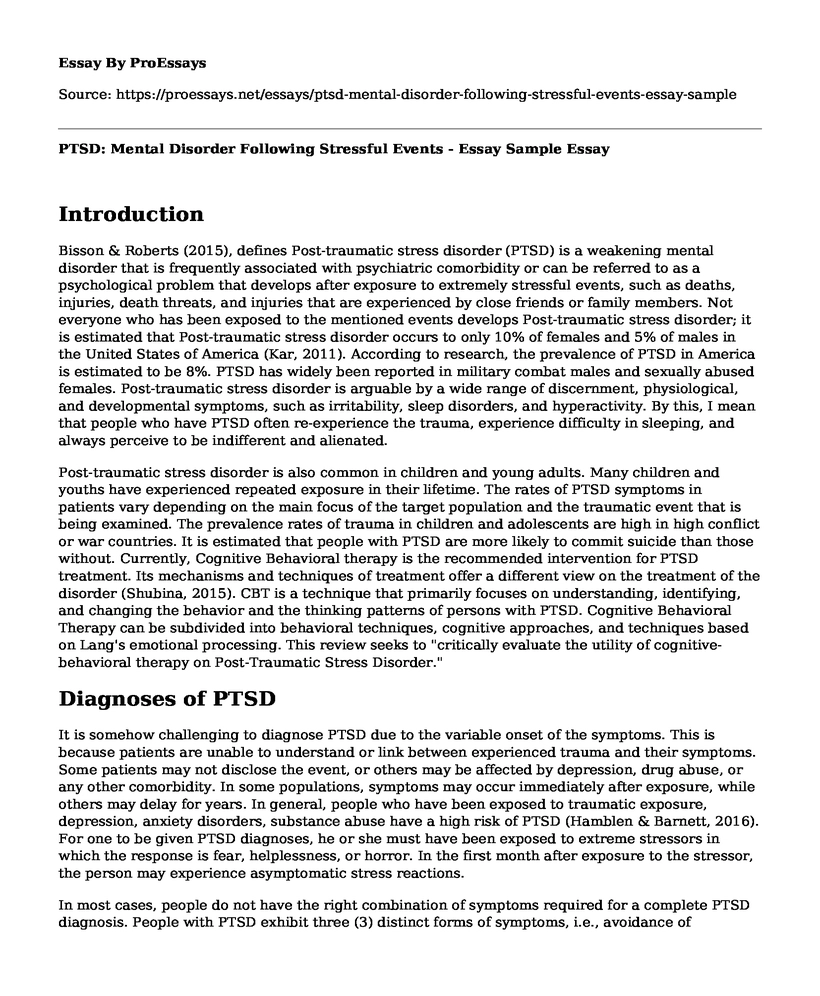 PTSD: Mental Disorder Following Stressful Events - Essay Sample