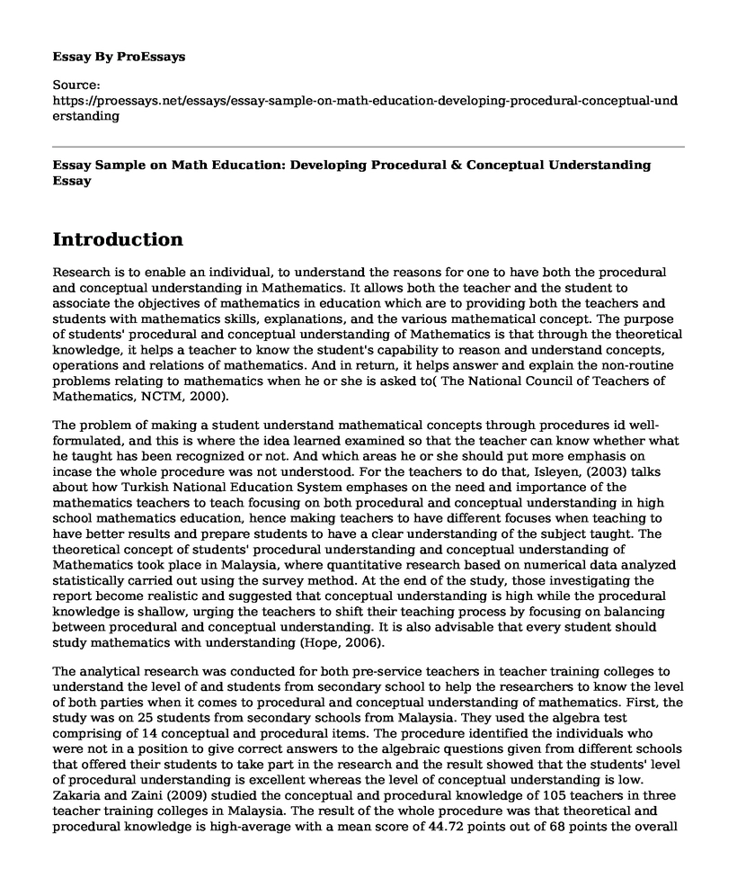 Essay Sample on Math Education: Developing Procedural & Conceptual Understanding