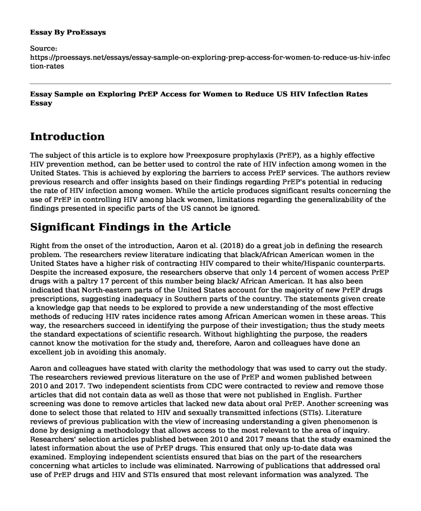 Essay Sample on Exploring PrEP Access for Women to Reduce US HIV Infection Rates