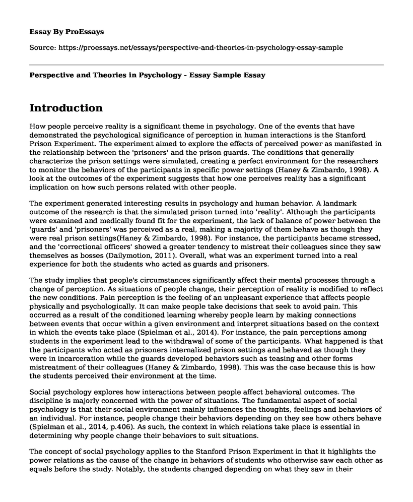Perspective and Theories in Psychology - Essay Sample