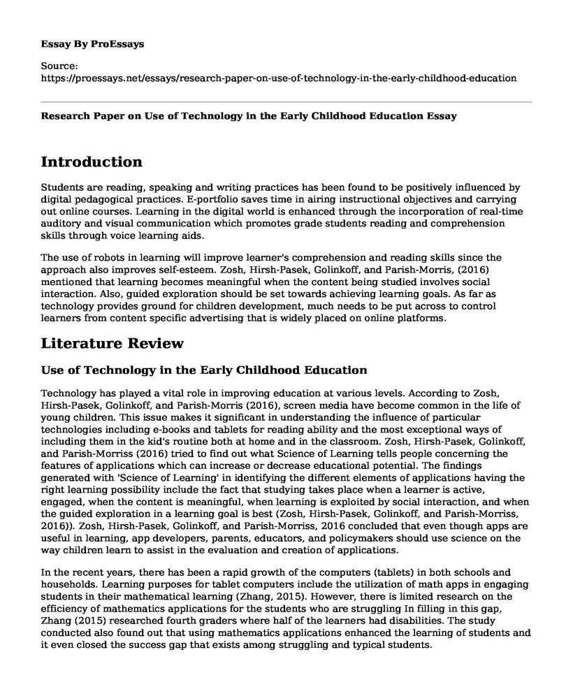 Research Paper on Use of Technology in the Early Childhood Education