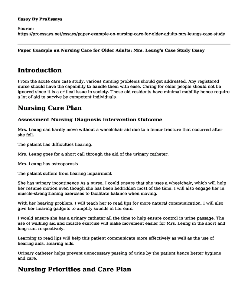 Paper Example on Nursing Care for Older Adults: Mrs. Leung's Case Study