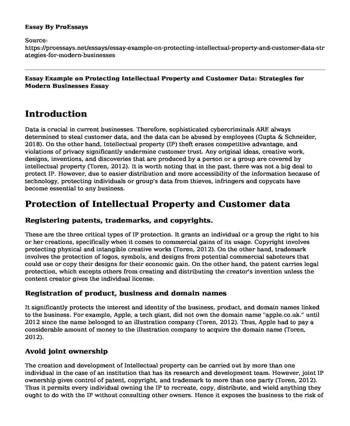Essay Example on Protecting Intellectual Property and Customer Data: Strategies for Modern Businesses