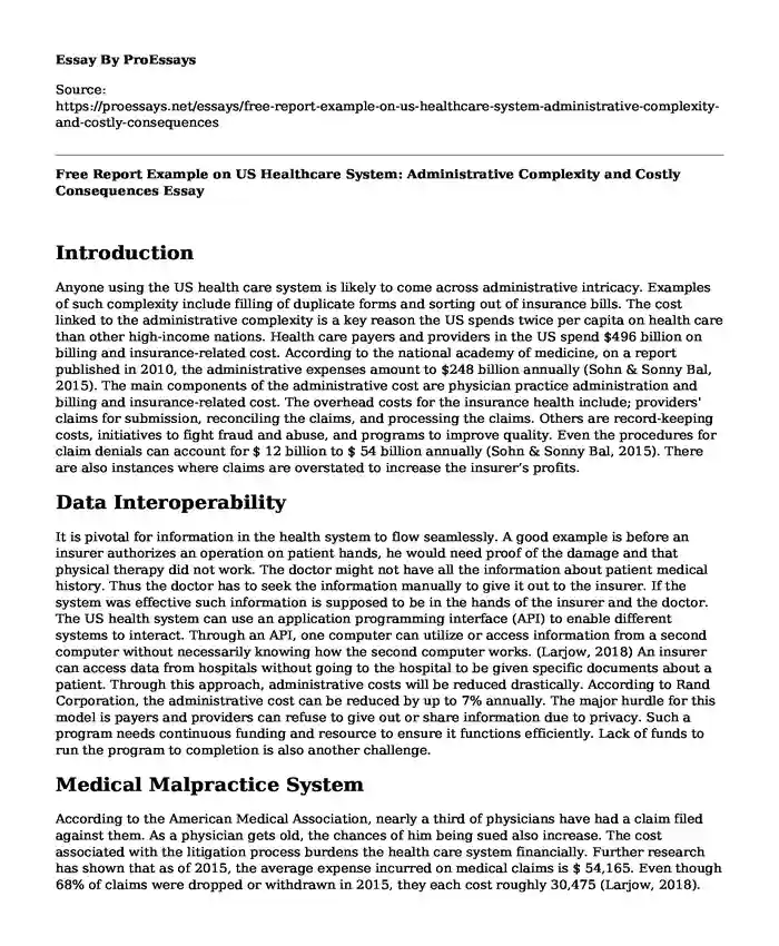 Free Report Example on US Healthcare System: Administrative Complexity and Costly Consequences