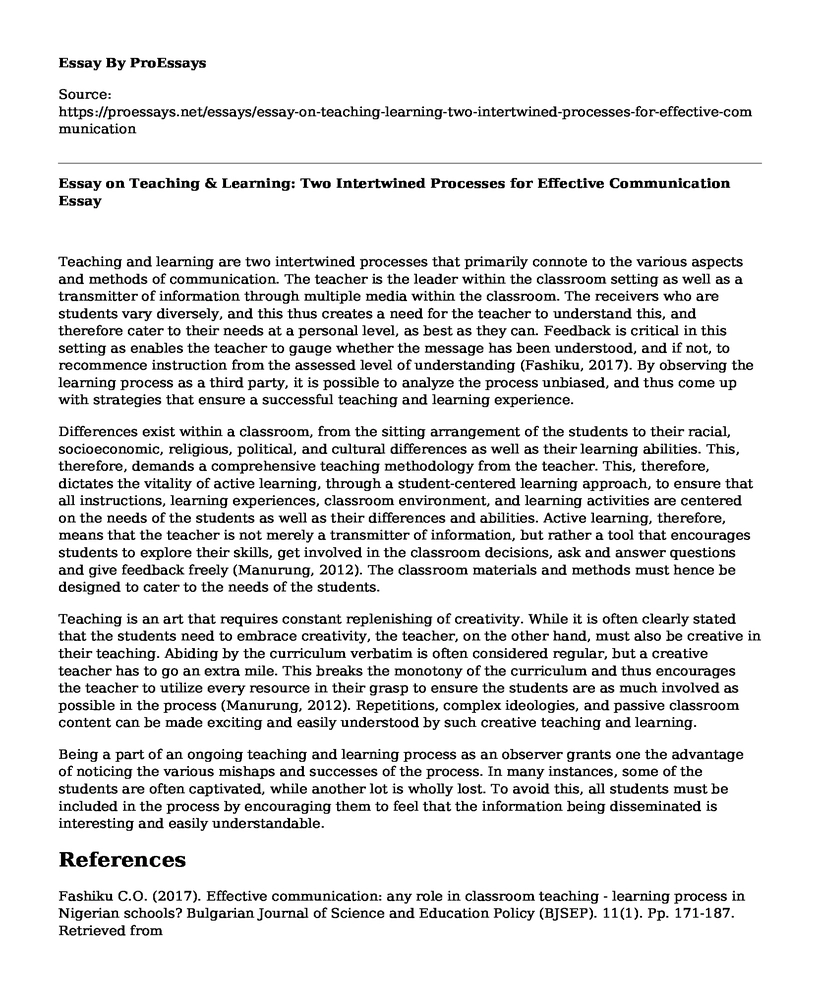 Essay on Teaching & Learning: Two Intertwined Processes for Effective Communication