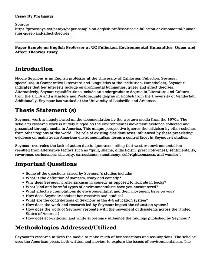 Paper Sample on English Professor at UC Fullerton, Environmental Humanities, Queer and Affect Theories