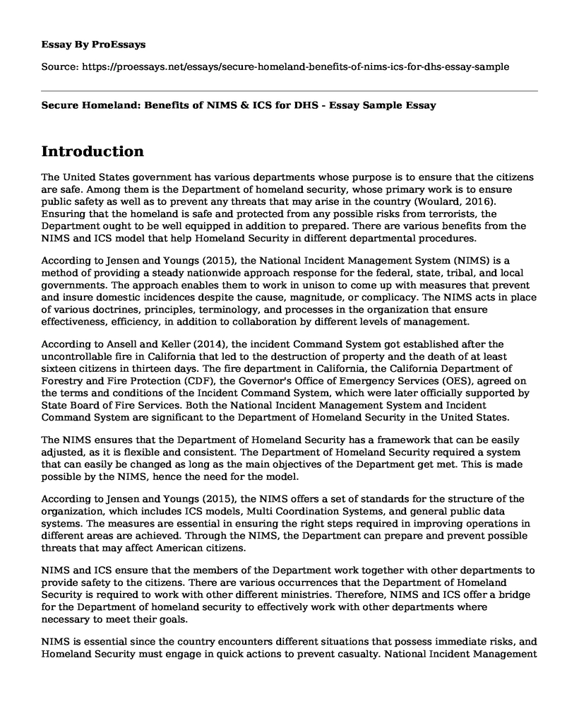 Secure Homeland: Benefits of NIMS & ICS for DHS - Essay Sample