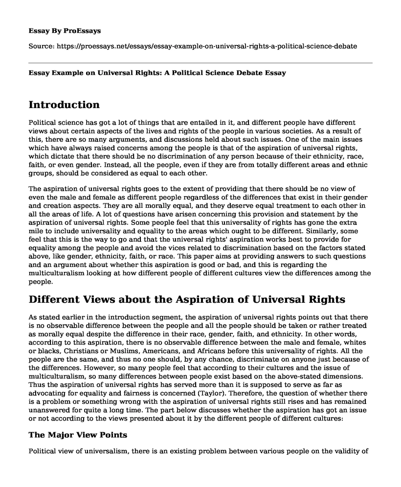 Essay Example on Universal Rights: A Political Science Debate