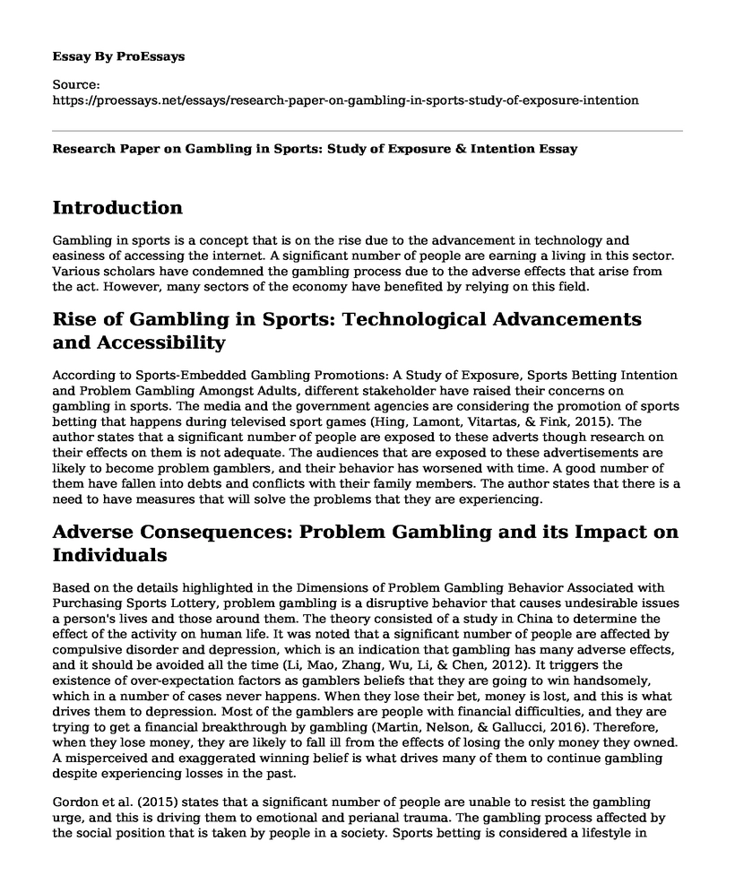 Research Paper on Gambling in Sports: Study of Exposure & Intention