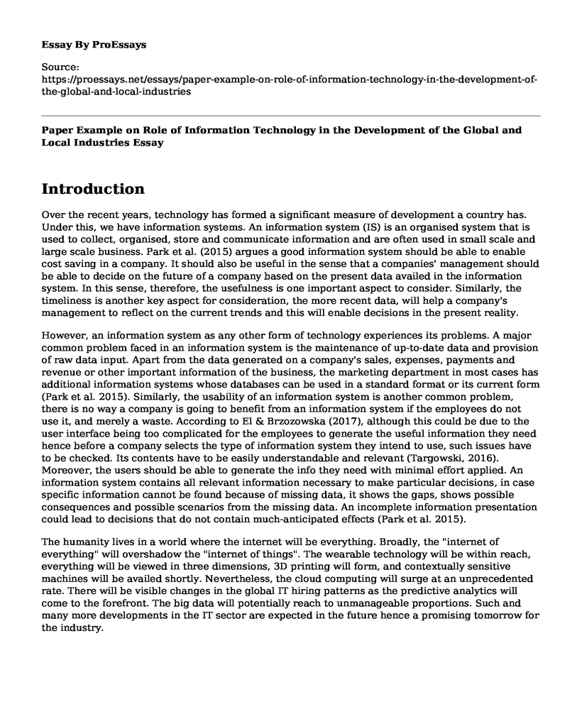 Paper Example on Role of Information Technology in the Development of the Global and Local Industries