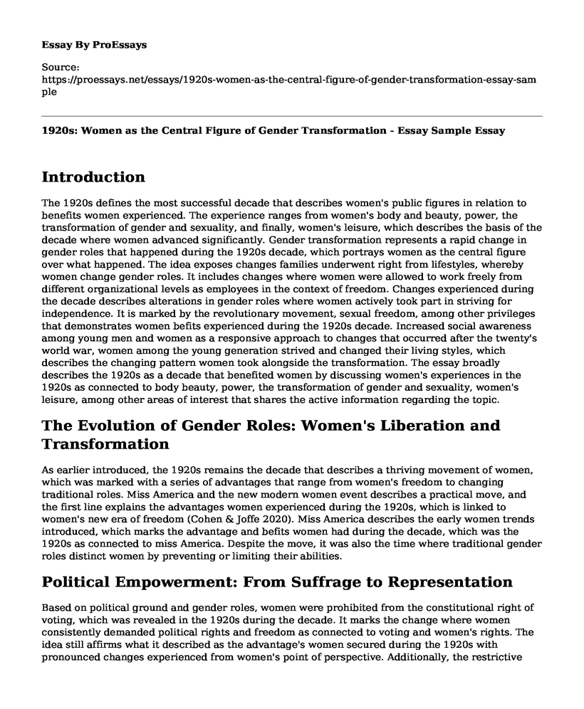 1920s: Women as the Central Figure of Gender Transformation - Essay Sample