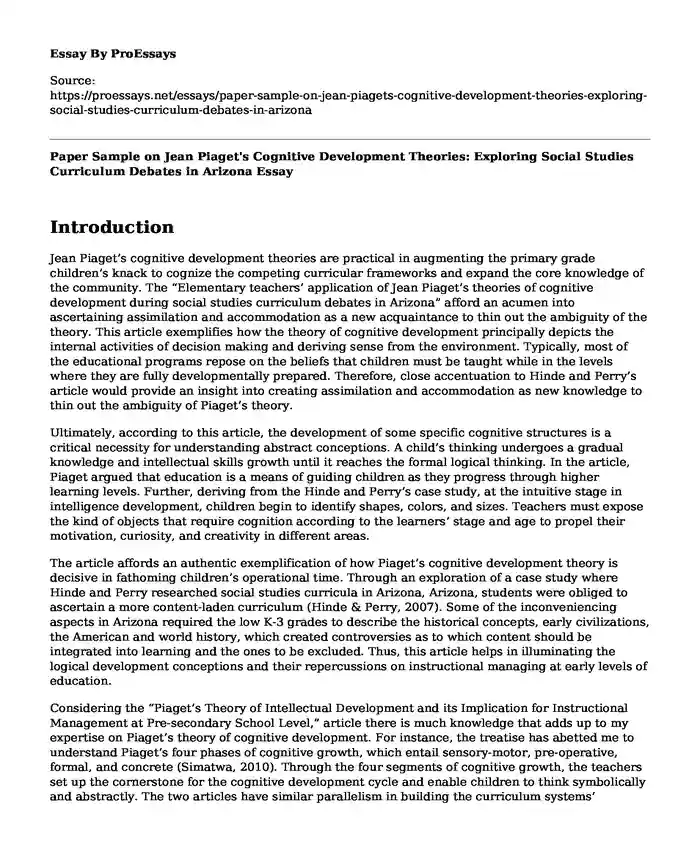 Paper Sample on Jean Piaget's Cognitive Development Theories: Exploring Social Studies Curriculum Debates in Arizona