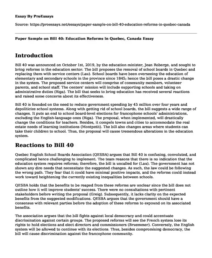 Paper Sample on Bill 40: Education Reforms in Quebec, Canada
