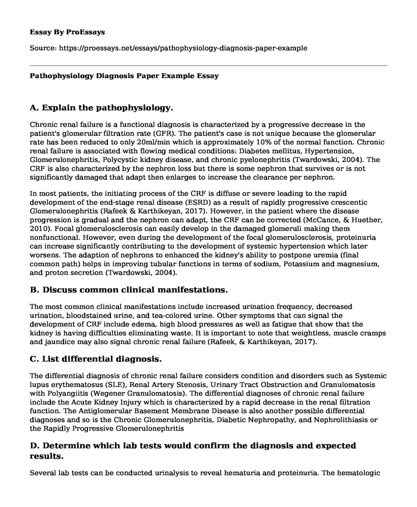 Pathophysiology Diagnosis Paper Example