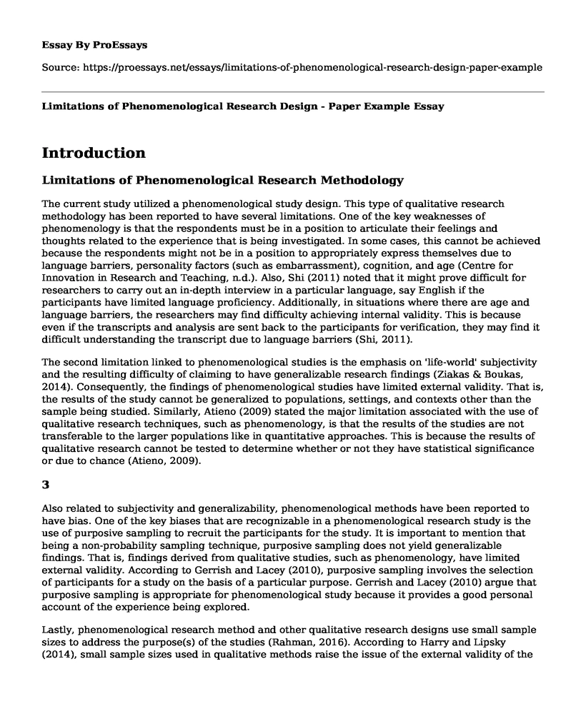 Limitations of Phenomenological Research Design - Paper Example