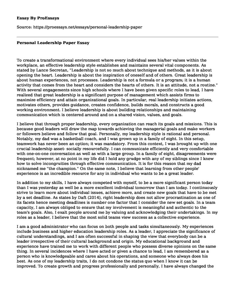 Personal Leadership Paper