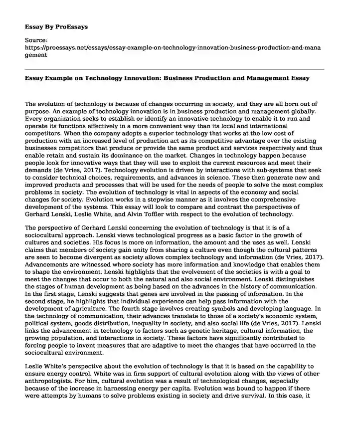 Essay Example on Technology Innovation: Business Production and Management