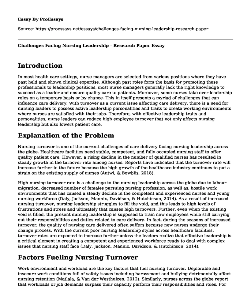 Challenges Facing Nursing Leadership - Research Paper