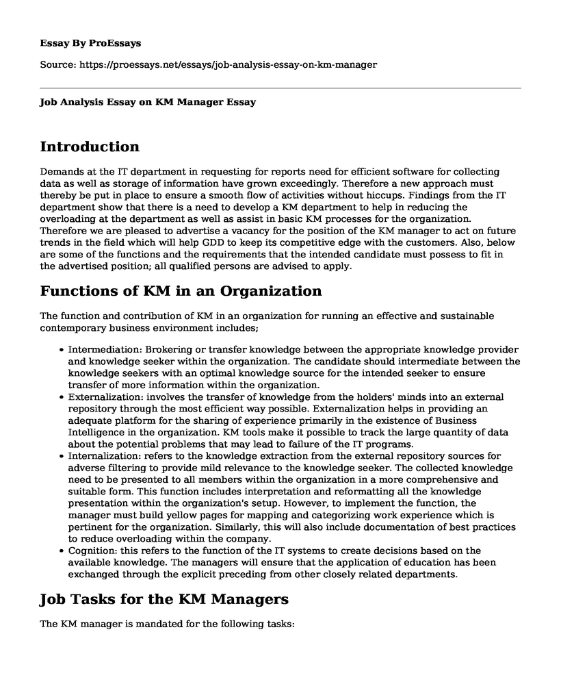 Job Analysis Essay on KM Manager