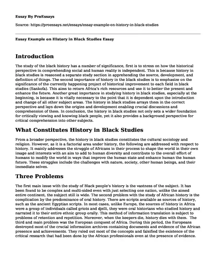 Essay Example on History in Black Studies