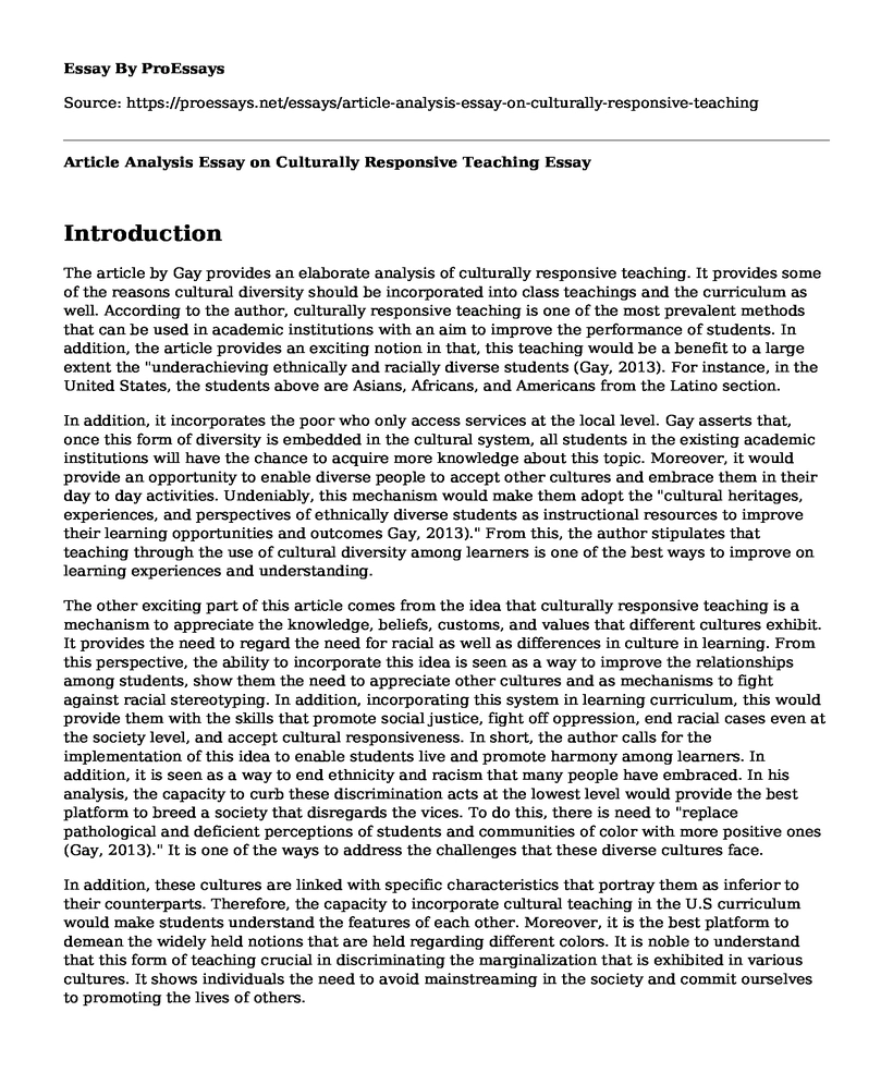 Article Analysis Essay on Culturally Responsive Teaching