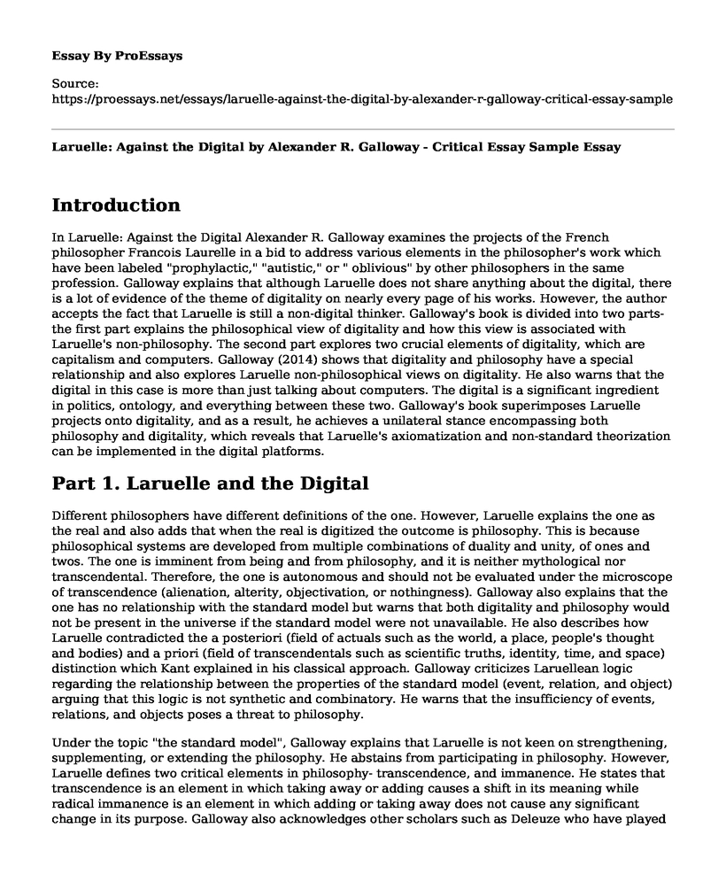 Laruelle: Against the Digital by Alexander R. Galloway - Critical Essay Sample