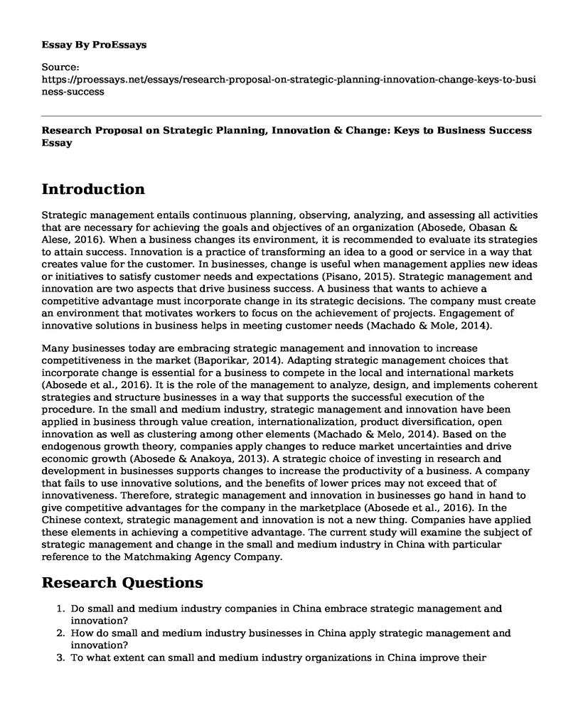 Research Proposal on Strategic Planning, Innovation & Change: Keys to Business Success