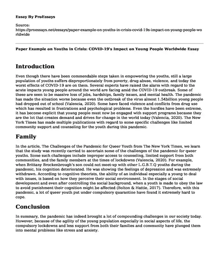 Paper Example on Youths in Crisis: COVID-19's Impact on Young People Worldwide