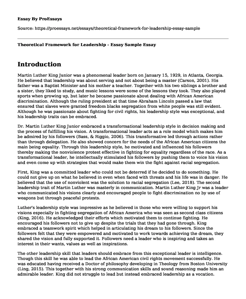 Theoretical Framework for Leadership - Essay Sample