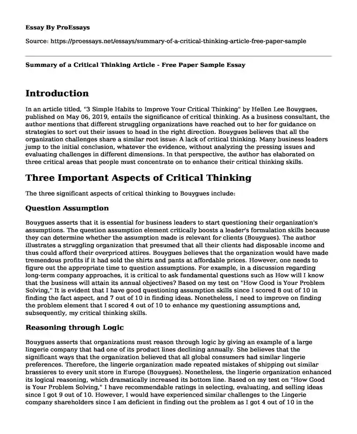 Summary of a Critical Thinking Article - Free Paper Sample