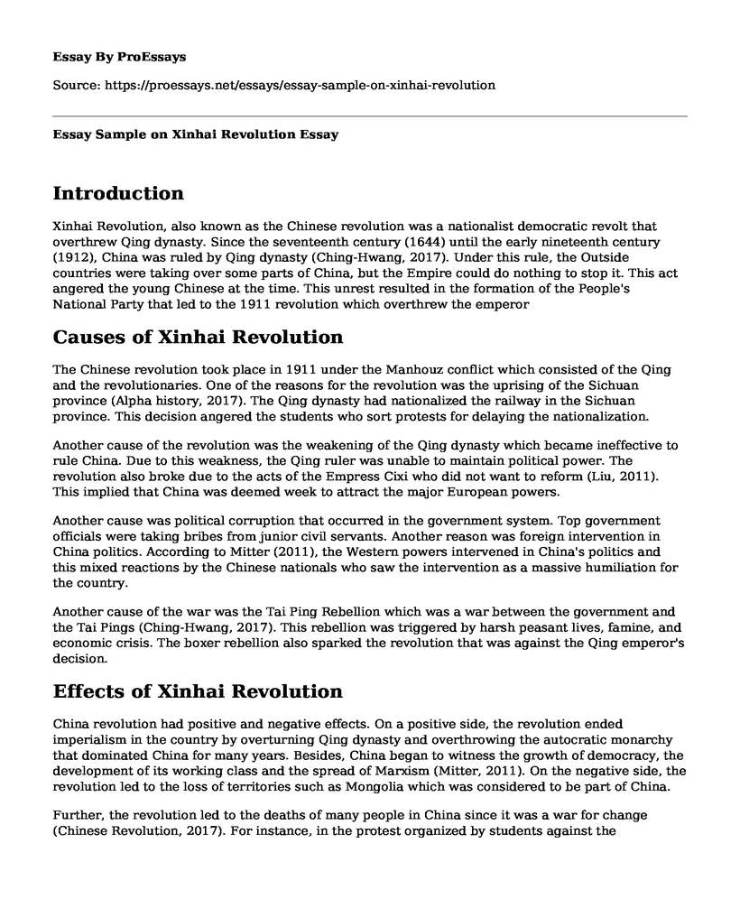 Essay Sample on Xinhai Revolution