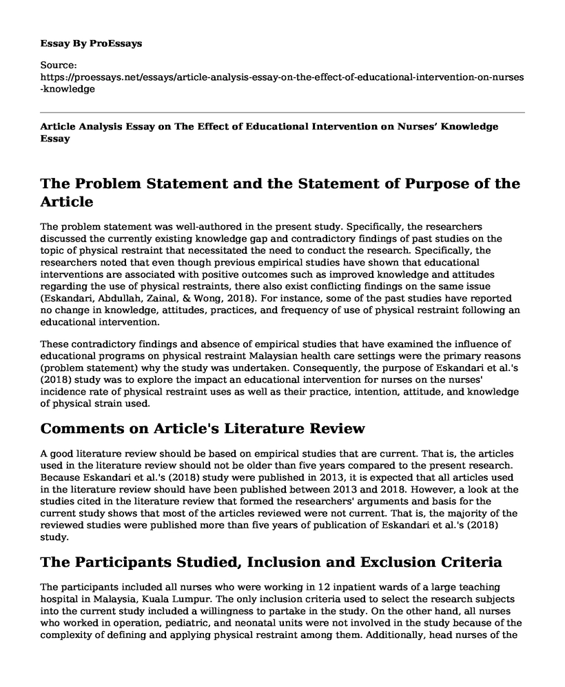 Article Analysis Essay on The Effect of Educational Intervention on Nurses' Knowledge