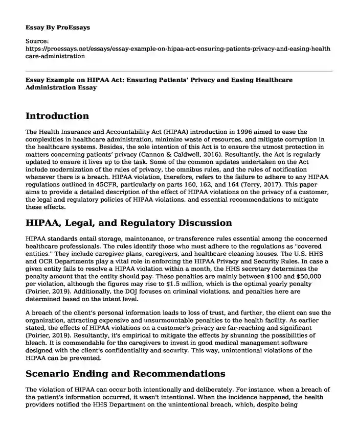 Essay Example on HIPAA Act: Ensuring Patients' Privacy and Easing Healthcare Administration