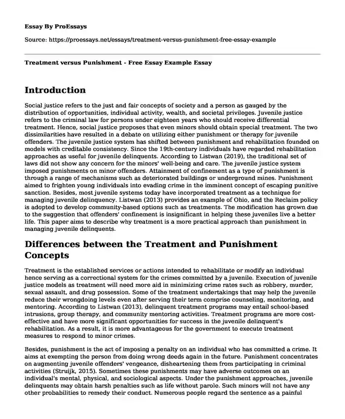 Treatment versus Punishment - Free Essay Example