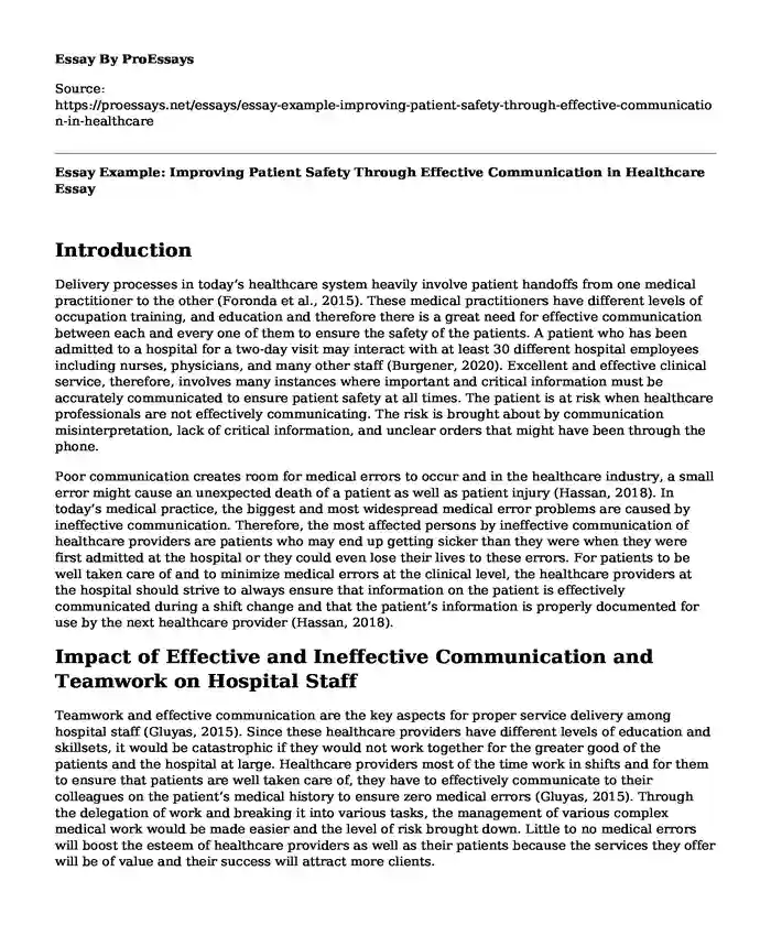 Essay Example: Improving Patient Safety Through Effective Communication in Healthcare