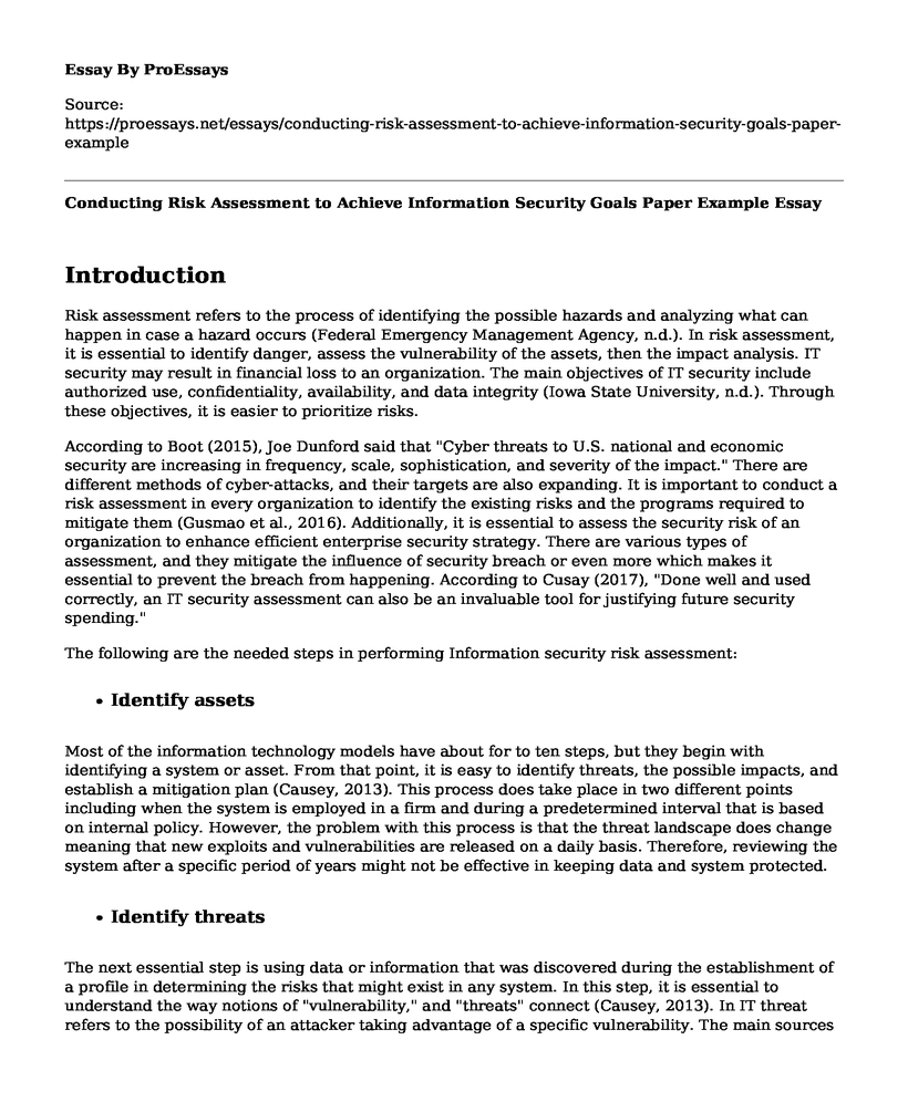 Conducting Risk Assessment to Achieve Information Security Goals Paper Example