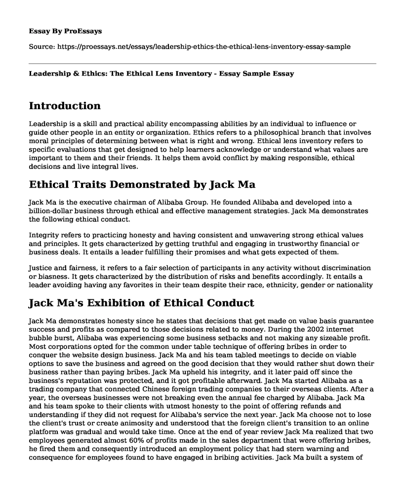 Leadership & Ethics: The Ethical Lens Inventory - Essay Sample
