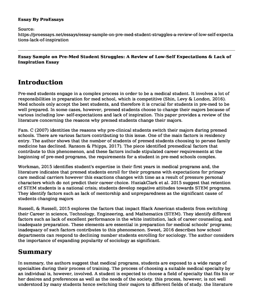 Essay Sample on Pre-Med Student Struggles: A Review of Low-Self Expectations & Lack of Inspiration