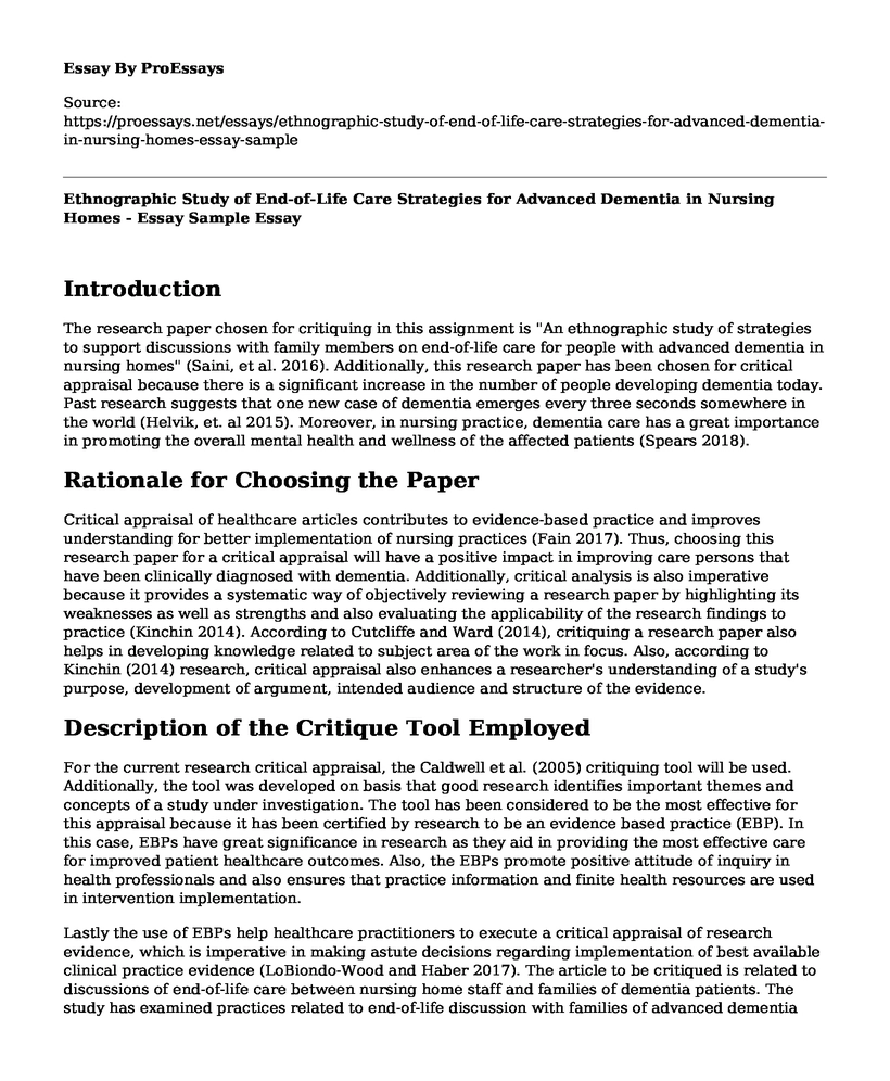 Ethnographic Study of End-of-Life Care Strategies for Advanced Dementia in Nursing Homes - Essay Sample