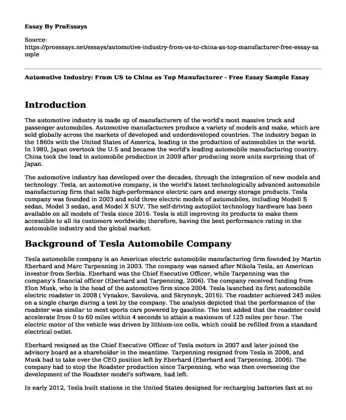 Automotive Industry: From US to China as Top Manufacturer - Free Essay Sample
